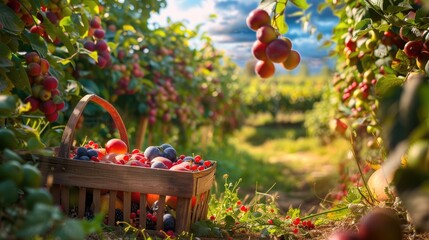 A picturesque garden with a variety of fruit trees and berry bushes, a wooden basket filled with freshly picked produce.