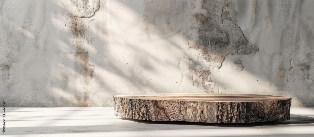 Fototapete Rustic wooden log podium on a light studio backdrop with a minimal display for product presentation with copy space image.