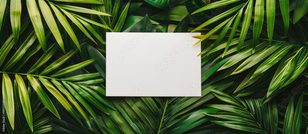 Poster top-down view of a blank card placed on palm leaves for a design mock-up with copy space image.