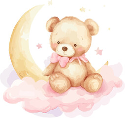 Baby Bear On Moon Watercolor Vector Illustration.