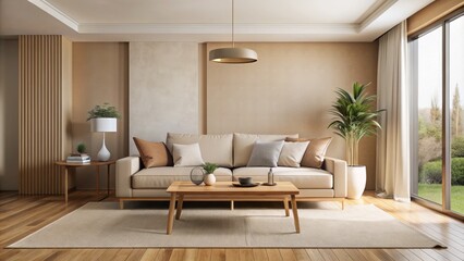 Modern minimalist 3D rendering of an empty living room interior with beige walls beige sofa and wooden coffee table decor.