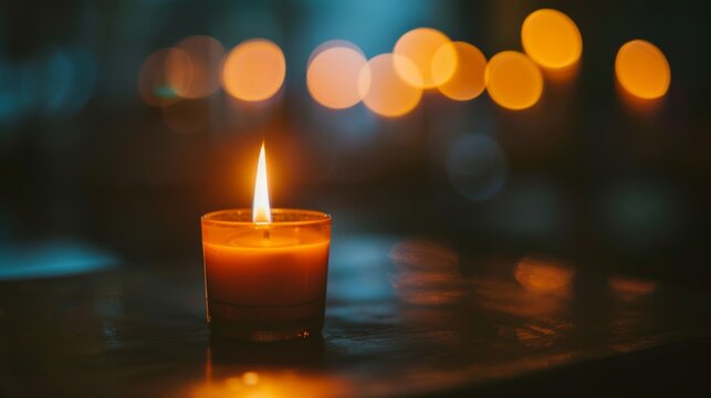 A candle glows brightly against a backdrop of blurry lights, symbolizing remembrance during Yizkor on Yom Kippur