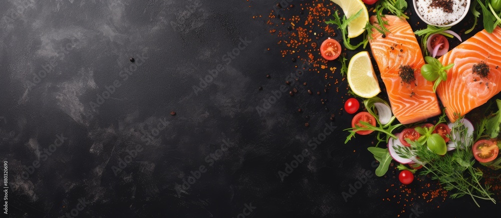 Poster gourmet menu idea featuring a mix of fresh salad leaves with salmon or tuna on a food background, ca