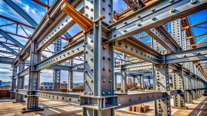 Fototapeta premium Rugged steel joint structure with sturdy bolts and rivets dominates the construction site, exposing industrial engineering prowess.