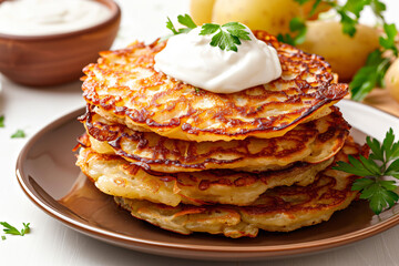 a plate of potato pancakes with sour cream