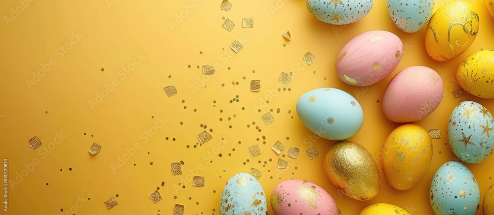 Poster Top view flat lay composition with Easter eggs colored and decorated with gold on yellow paper, creating a festive and happy concept with room for text in the copy space image.