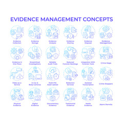 Evidence management blue gradient concept icons. Judicial system. Forensic analysis. Collection and storage. Investigation. Icon pack. Vector images. Round shape illustrations. Abstract idea