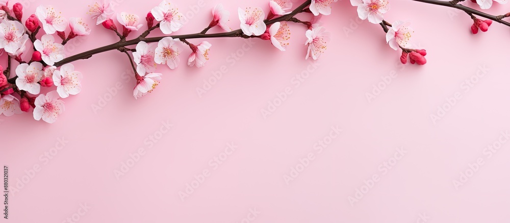 Aufkleber cherry blossom tree branches in spring with pink background, creating a beautiful floral copy space 