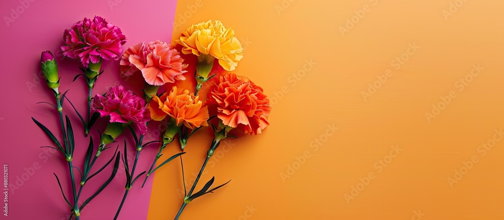 Poster colorful carnation flowers displayed on a vibrant background with copy space image.