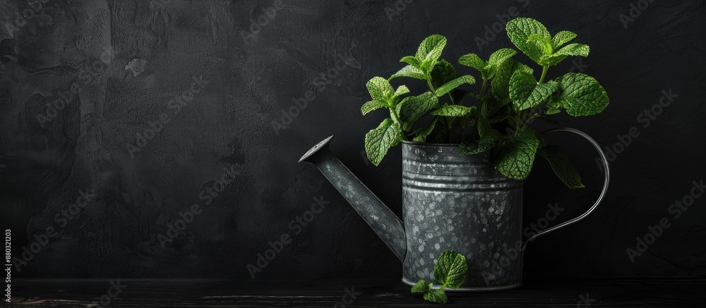 Aufkleber copy space image featuring a mint plant in a watering can shape against a black backdrop.