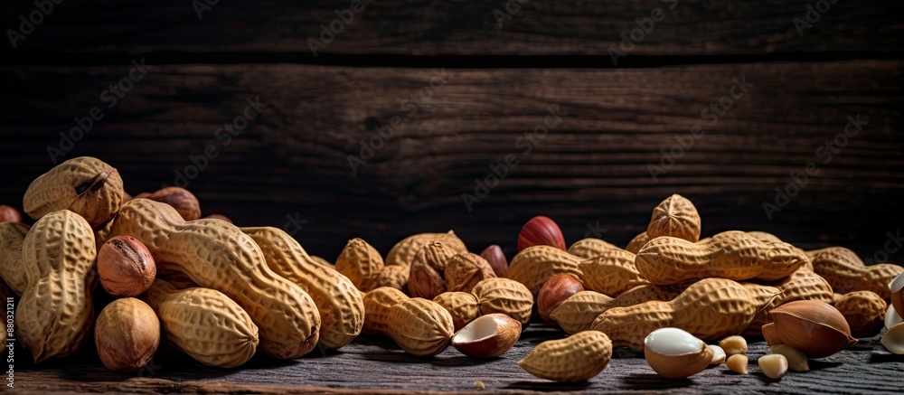Poster Scattered raw peanuts on dark rustic backdrop create a textured food background, suitable for incorporating a copy space image.