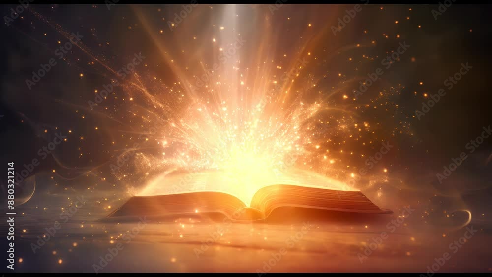 Poster a book is open to a page with a bright light shining on it. concept of wonder and curiosity