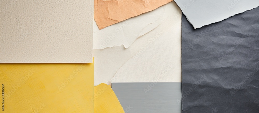 Poster a collection of handmade rag papers featuring an abstract landscape with gray and yellow pastel tone