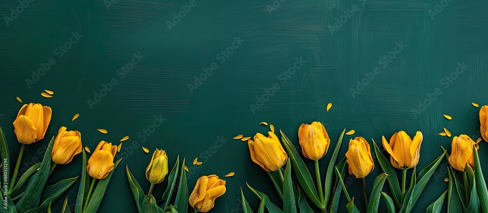 Poster top view of vivid yellow tulip blossoms in full bloom against a green backdrop with space for text i