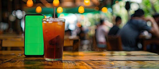 A glass of iced drink rests on a wooden table beside people using a green screen smartphone, with an over-the-shoulder perspective, creating a copy space image.