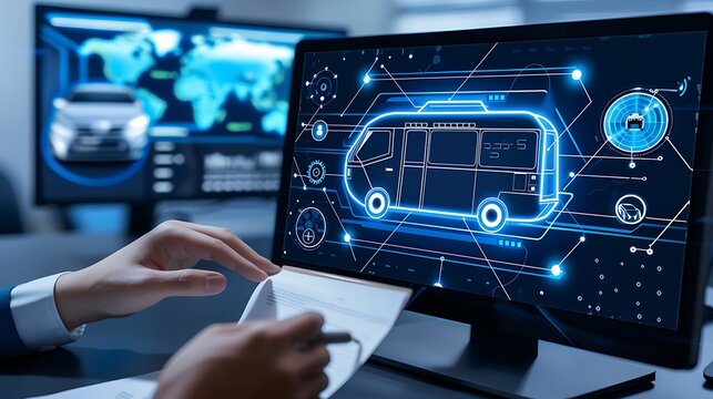 Businessman using a digital train icon for an online transportation services concept on a virtual screen in an office, with a blue technology background showing a man's hand holding a symbol of a bus