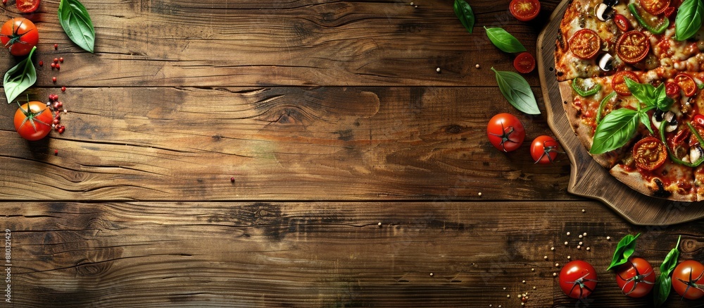 Poster wooden background with a delicious pizza on a board, perfect for placing your text near the copy spa
