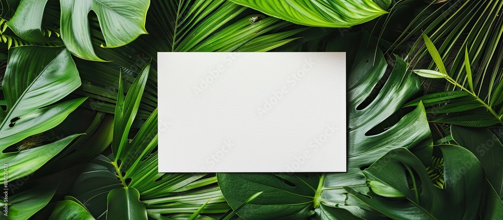 Poster top-down view of a blank card placed on palm leaves for a design mock-up with copy space image.