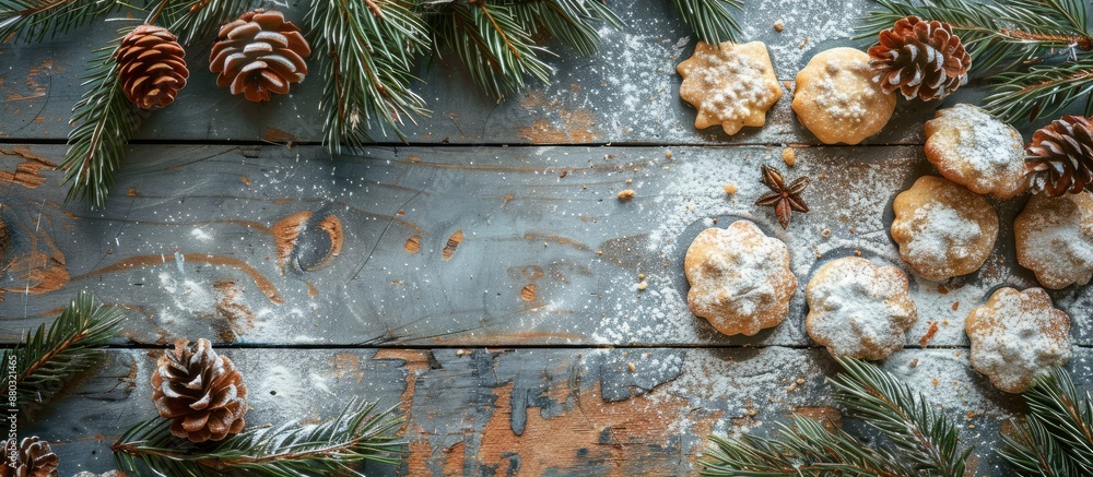 Poster festive christmas backdrop featuring fir branches, cookies dusted with powdered sugar on a wooden su