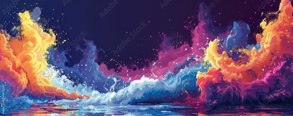 Poster a pixel art representation of a pixelated painter's brushstrokes on a canvas, bringing pixelated col