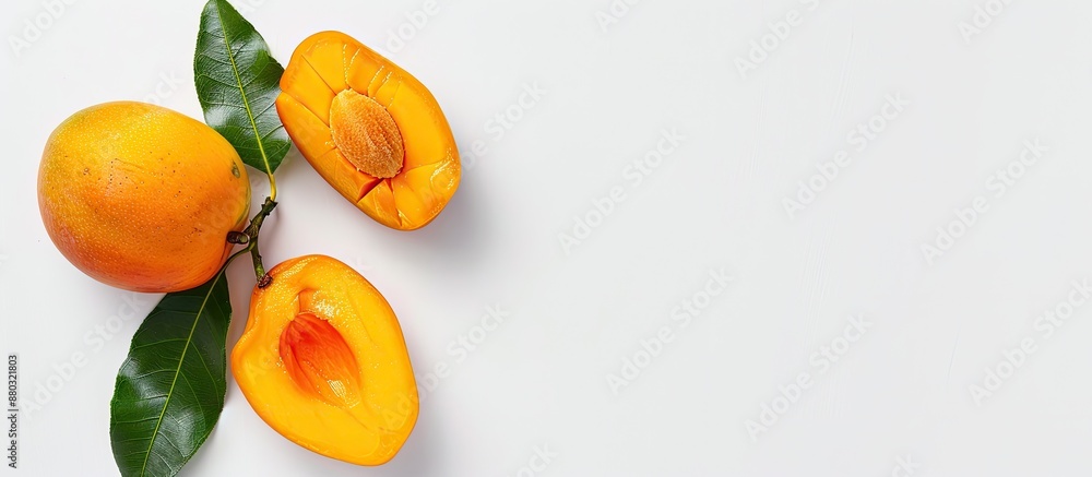Aufkleber Top-down view of a mango fruit and sliced half with copy space image on a white background, perfect for adding text.