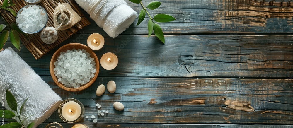 Aufkleber a stunning spa-themed composition on a wooden table, featuring various spa accessories with an invit