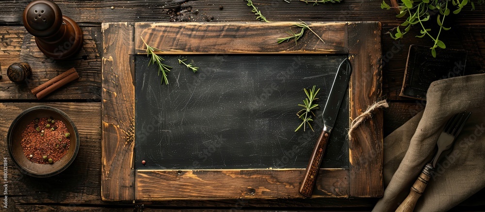 Poster rustic setup featuring a blank blackboard with space for text in a top-down view for placing your me