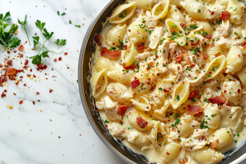 Creamy Chicken and Bacon Pasta Shells in a Skillet, A Delicious and Easy Meal