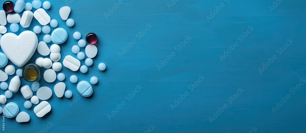 Poster heart-shaped blue background with pills, capsules, and a syringe displayed for a copy space image.