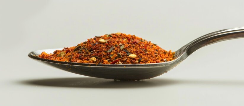 A spoon displaying Cajun seasoning against a blank background for a copy space image.