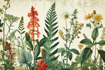 Lush tropical vegetation and flowers captured in a stunning artwork, A vintage botanical illustration with different types of plant species, AI generated