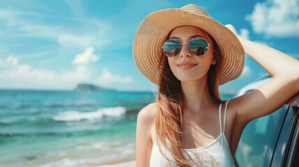 Female traveler wearing a hat poses by her car during a summer vacation by the sea.