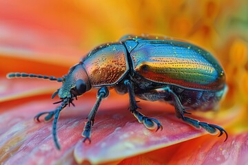 Fototapeta premium Beetle on a Flower Petal- Photograph a beetle as it crawls along a flower petal