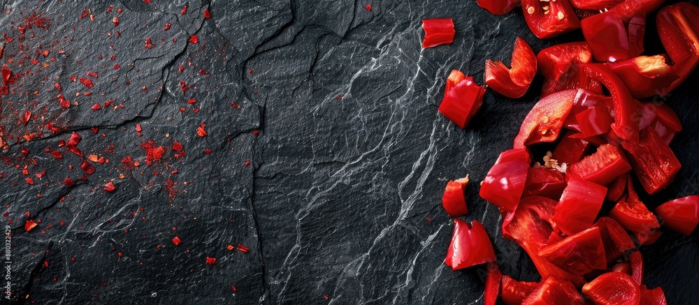 Poster close-up of red pepper pieces on a dark backdrop, with empty space for additional images.