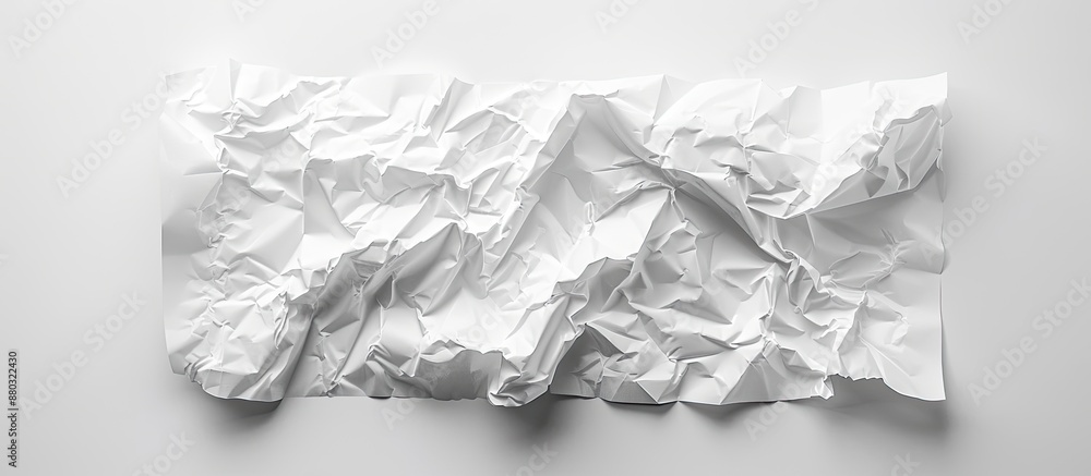 Fototapete A slightly crumpled white A4 sheet is placed centrally on a white background in an abstract composition, suitable as a mockup for text due to the copy space image.