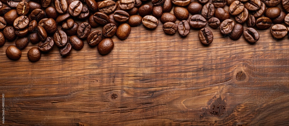 Aufkleber coffee beans displayed on a wooden surface with ample copy space image.