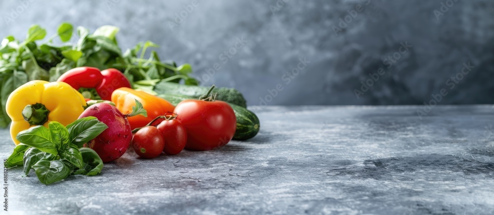 Poster Fresh vegetables displayed on a concrete surface with empty space for text or images in the background.