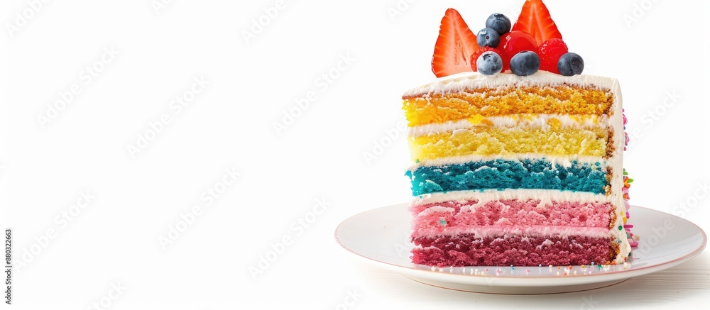 Poster colorful cake with copy space image, ready to eat, isolated on a white background, captured in a hor