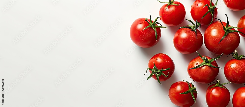 Poster Fresh red tomatoes on a white backdrop with copy space image available.