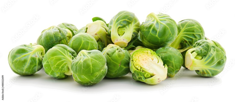Poster Freshly cut, cleaned Brussel sprouts are isolated with a simple background in the copy space image.