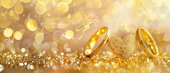 Festive celebration background illustration perfect for a gold background heartens shape design with golden ring and wedding invitation with golden decorative