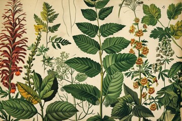 Colorful tropical flora depicted in a beautiful painting, A vintage botanical illustration with different types of plant species, AI generated