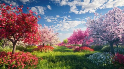 Naklejka premium A picturesque garden with a variety of flowering trees, creating a canopy of blossoms in springtime.