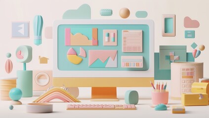 Pastel Colored 3D Render of a Modern Desktop Workspace