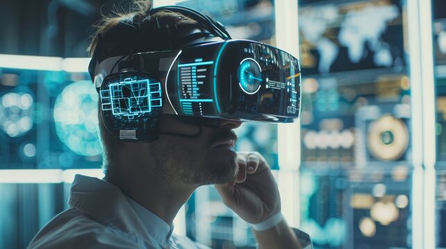 Person with VR headset immersed in futuristic graphics.