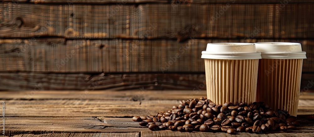 Poster two textured paper cups next to a mound of coffee beans on a wooden backdrop with a copy space image