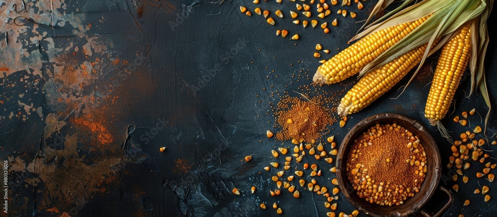 Aufkleber dark background showcasing raw corn or maize, reflecting the harvest food concept, positioned from a