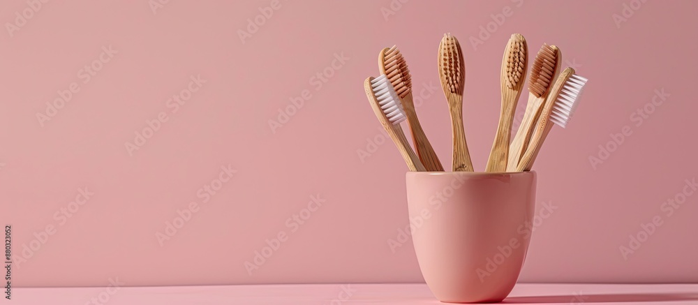 Poster Eco-friendly bamboo toothbrushes displayed in a ceramic glass on a pink surface, emphasizing a zero-waste message with copy space image available.
