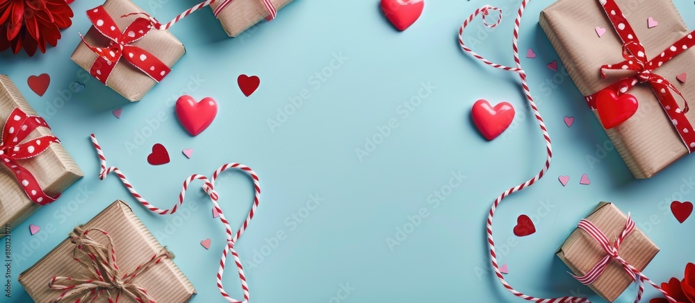 Poster blue desk with valentine decorations, top view with space for your own image.