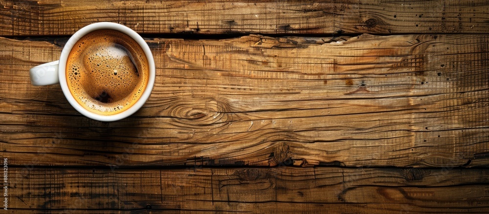 Aufkleber coffee-themed flat lay with espresso cup on wooden surface, featuring lettering and ample space for 
